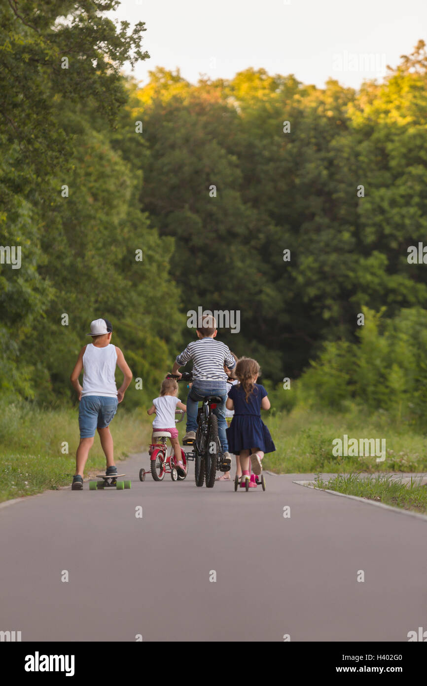 Vue arrière de la fratrie le vélo sur route contre des arbres au parc Banque D'Images