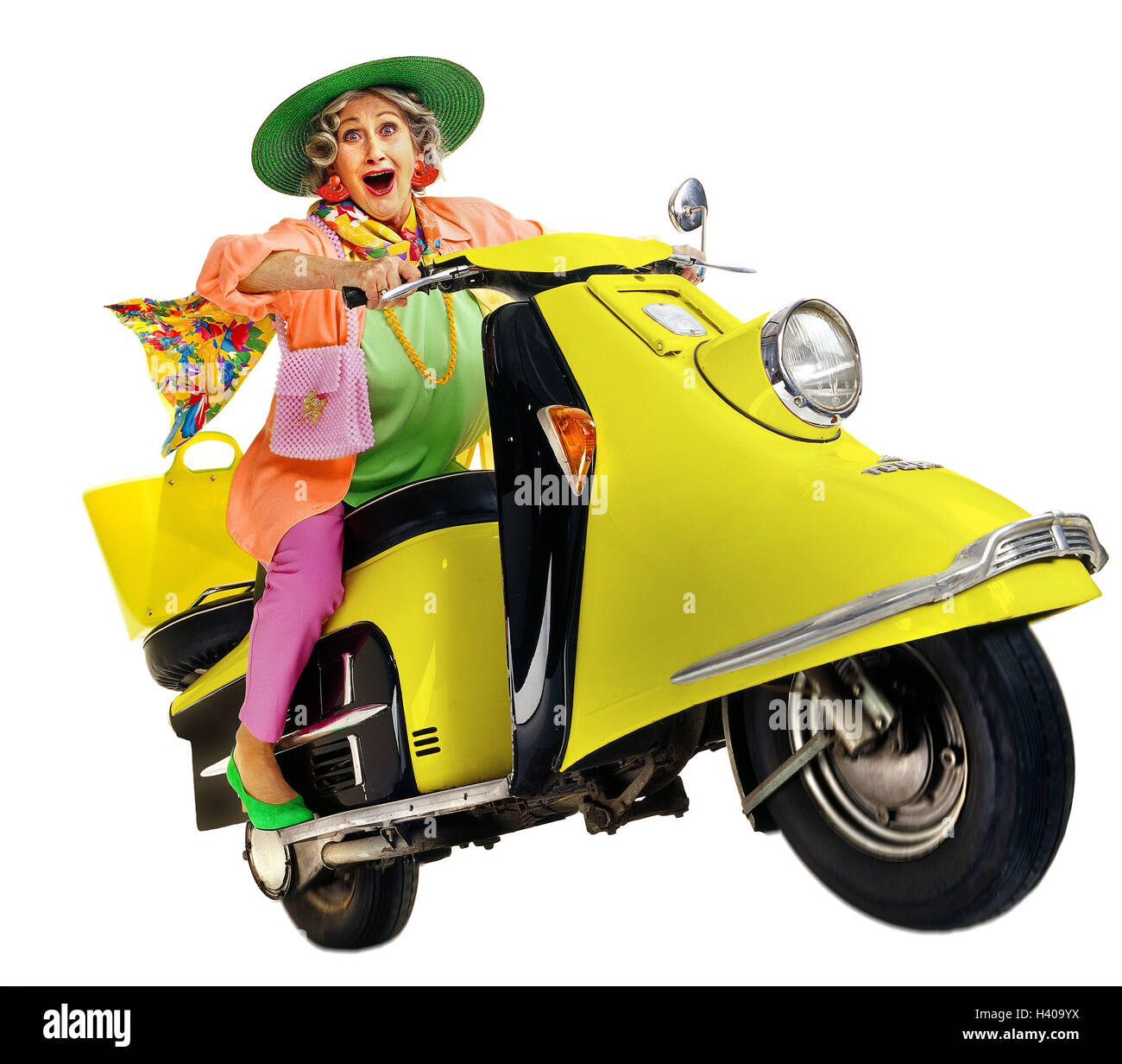 Hauts, vêtements, de couleurs vives, youthfully, scooter, rendez-vous, heureux, fun Senior, scooters, vacances, loisirs, divertissement, fondu, joie, joie, joie, vie entière, dynamique, heureux, monter, agile, studio, cut out Banque D'Images