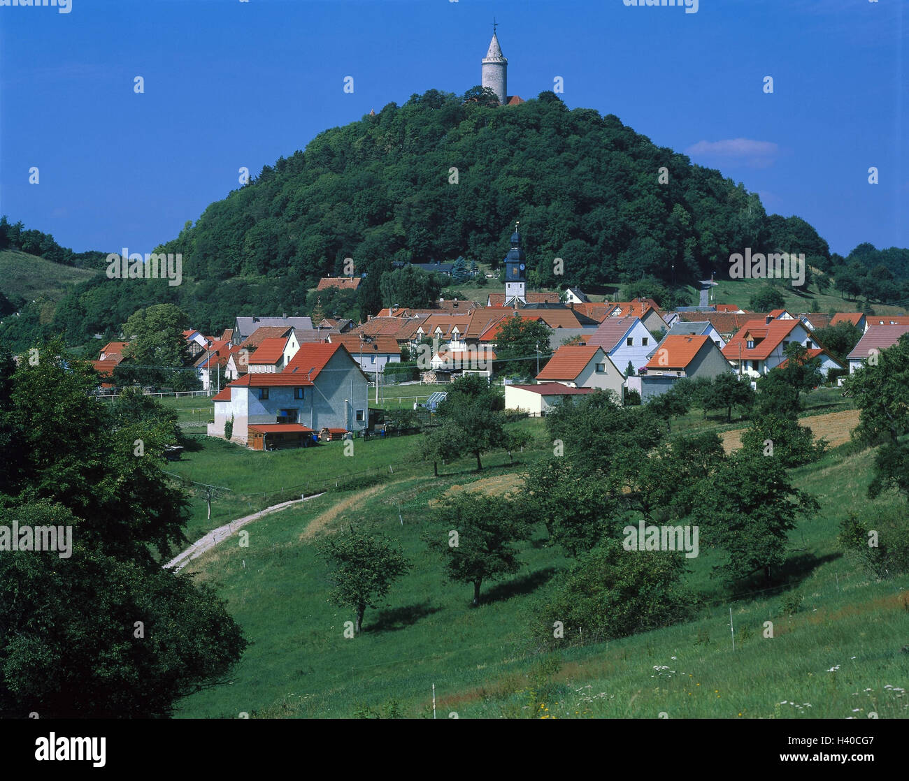 Allemagne (Saxe-Anhalt), château de phare, vue locale, près de Kahla, paysages, maisons, bâtiments, place, Banque D'Images