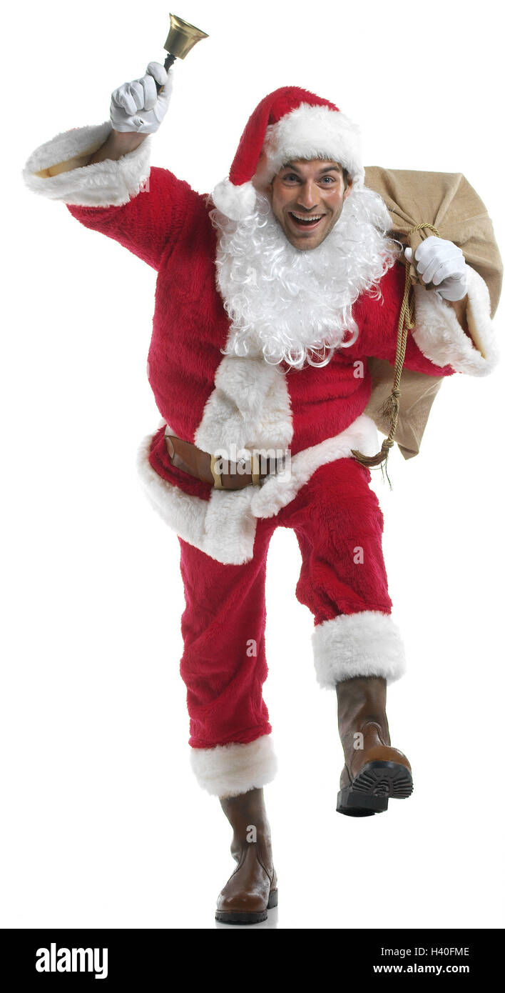 Noël, Santa, pochette, Bell, Noël yule marée, x-mas, l'homme, jeune, s'exécute, annonce une motion, coiffures, cap, Santa's hat, a fait cap, rouge, doublure, costume, pour Noël, le costume du Père Noël, la barbe, la barbe, l'ivresse, Père Noël, Santa Claus, anneau, anneau, l Banque D'Images