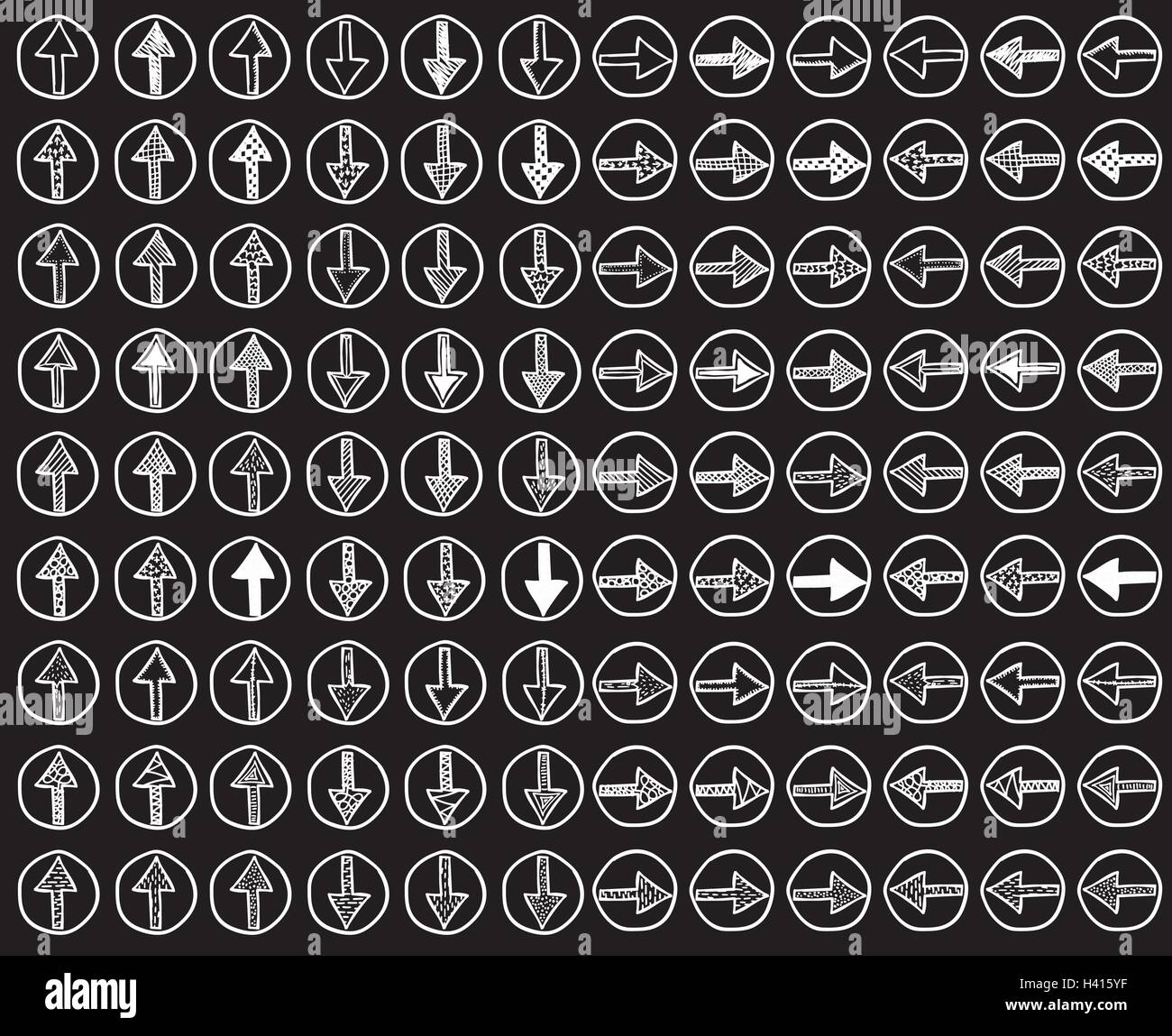 Ensemble de 108 vector hand drawn, doodled flèches.Idéal comme des icônes ou pointeurs.Chaque flèche ont différentes textures. Regroupées, prêt à l'emploi Illustration de Vecteur