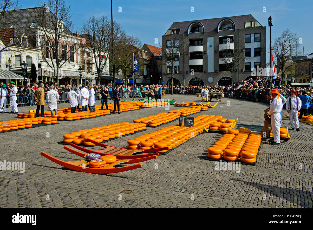 Séries de fromage Gouda Beemster néerlandais au marché au fromage d'Alkmaar, Pays-Bas Banque D'Images