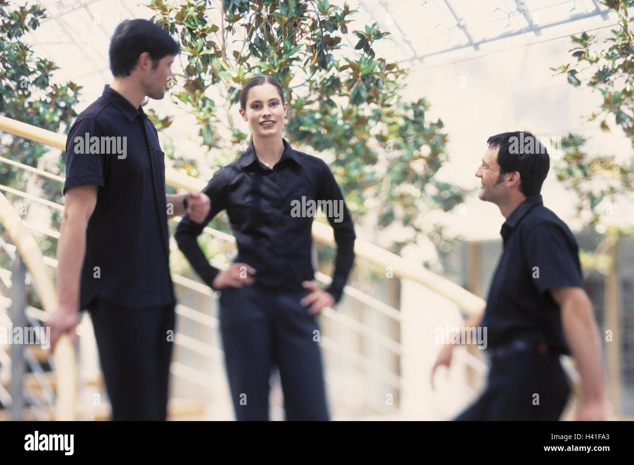 Locaux commerciaux, escaliers, femme, hommes, affaires, conversation, les gens d'affaires, des employés de bureau, collègues, équipe, groupe, collègue, trois, jeune, pause, pause de travail, de divertissement, de communication, de discussion, de l'humeur, du climat de travail, de façon positive, de façon informelle, de l'UEDN Banque D'Images