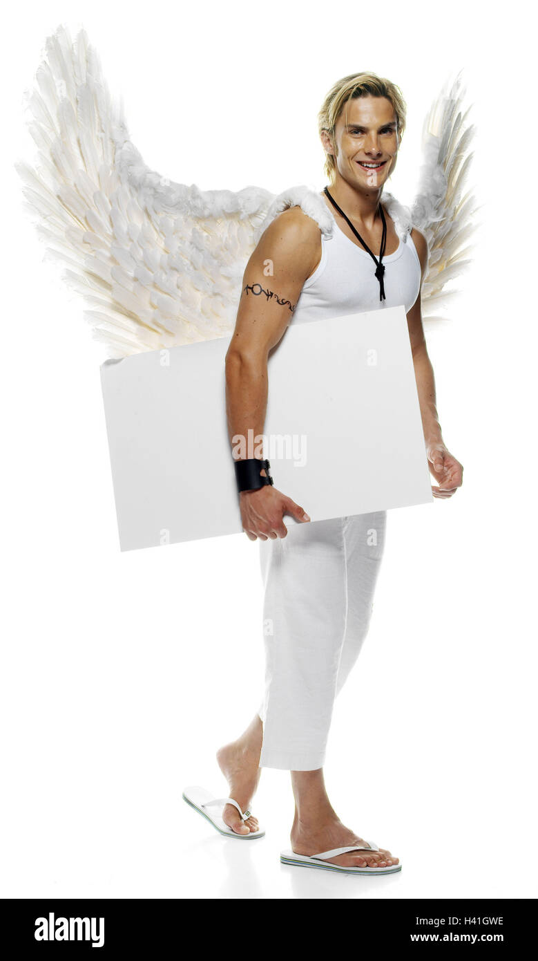 L homme jeune sourire Angel s wing signer blanc attente de 20 a 30 ans beaute joliment aile flip flop vetements blanc estival le bras superieur tatouage tatouage innocence la proprete l ange ange de