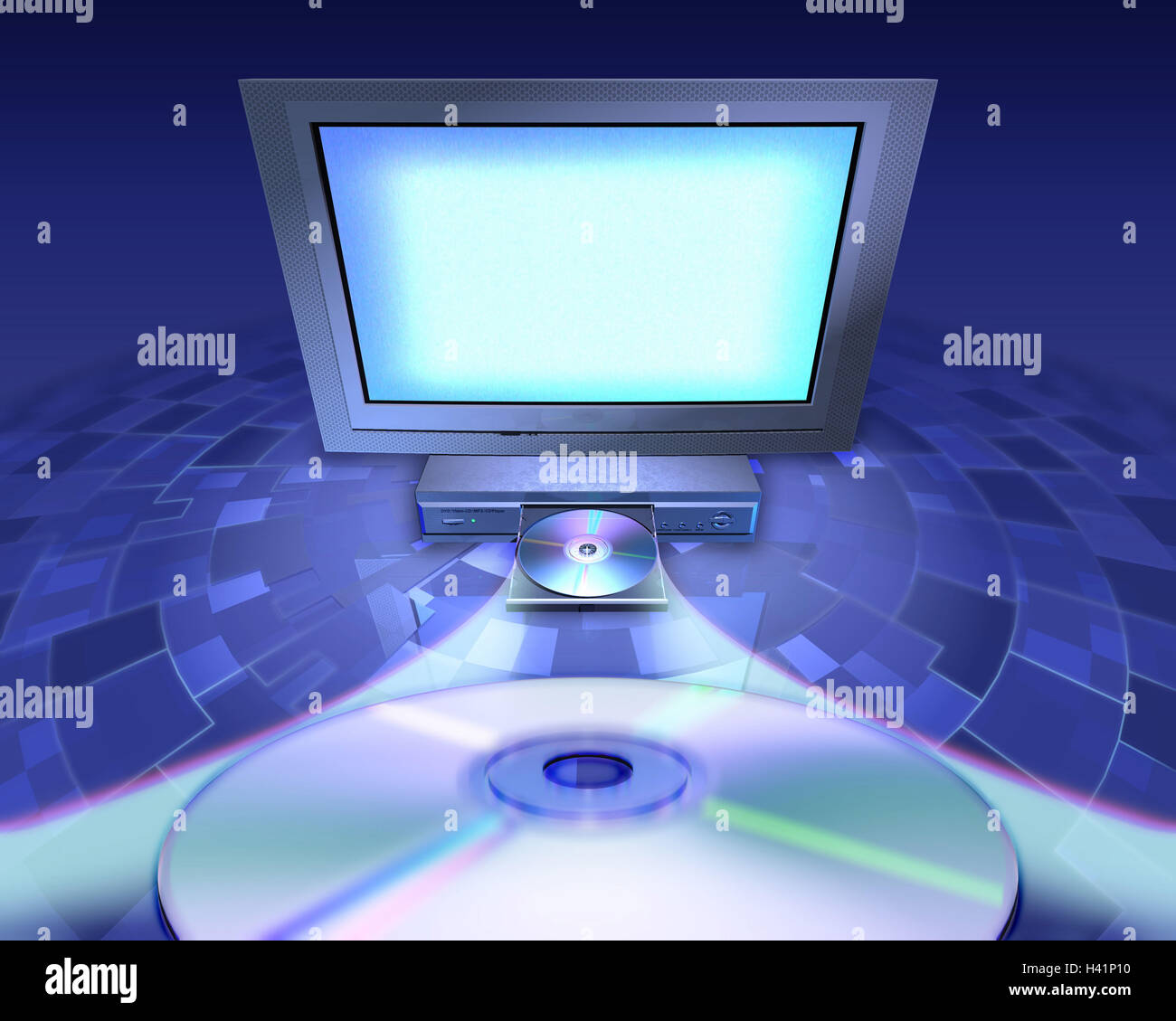 L'infographie, moniteur, lecteur CD-vidéo, CD's, home cinema, animation, télévision, TV, lecteur dvd, écran, 16:9 tubes, Pal format d'envoi du profit, du disque compact, de la technologie, disque compact, CD, DVD, support sonore, support de stockage, support de données, Banque D'Images