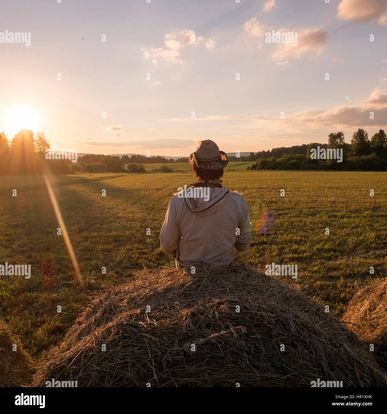 Mari man sitting on hay bale au coucher du soleil Banque D'Images