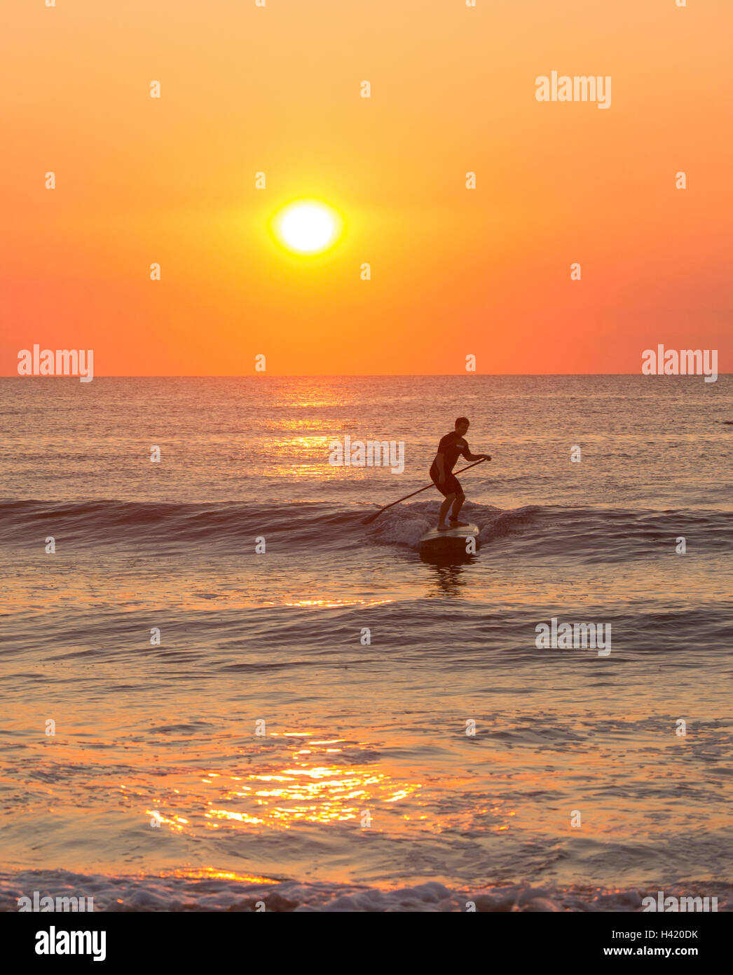 Silhouette of man paddleboarding sur les vagues de l'océan Banque D'Images