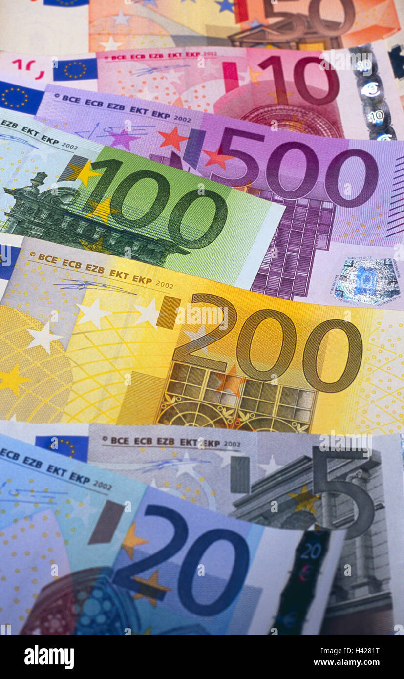 Les projets de loi, d'euros, valeur, différent, abordés, série, l'argent, l'argent comptant, Euro apparences, factures, apparences, devise de l'unité unité monétaire, trie, moyens de paiement de détail européen, la vie colorée de fond tranquillement, fait la réception, Banque D'Images
