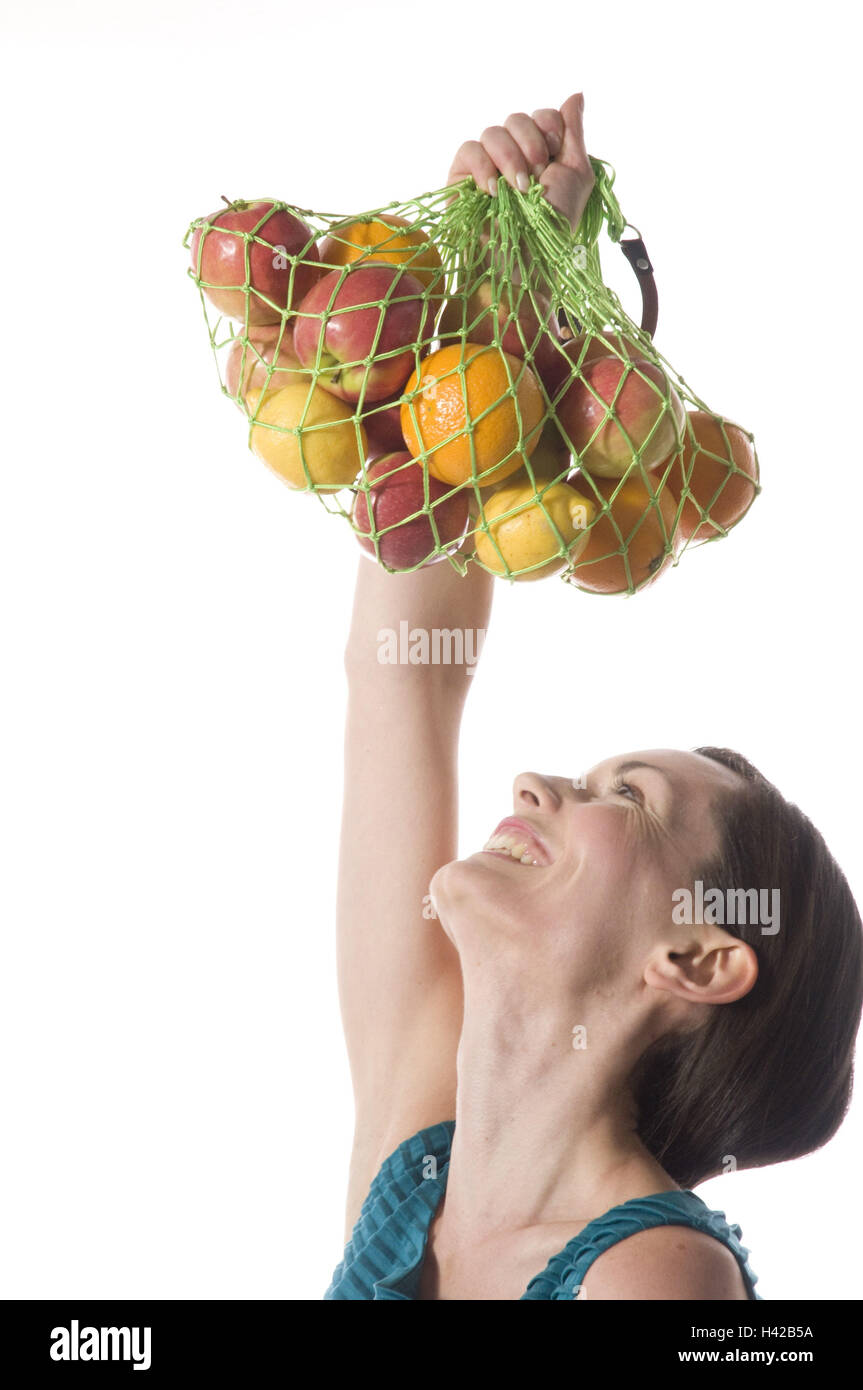 Sac Femme, string, fruits, sourire, portrait, Banque D'Images