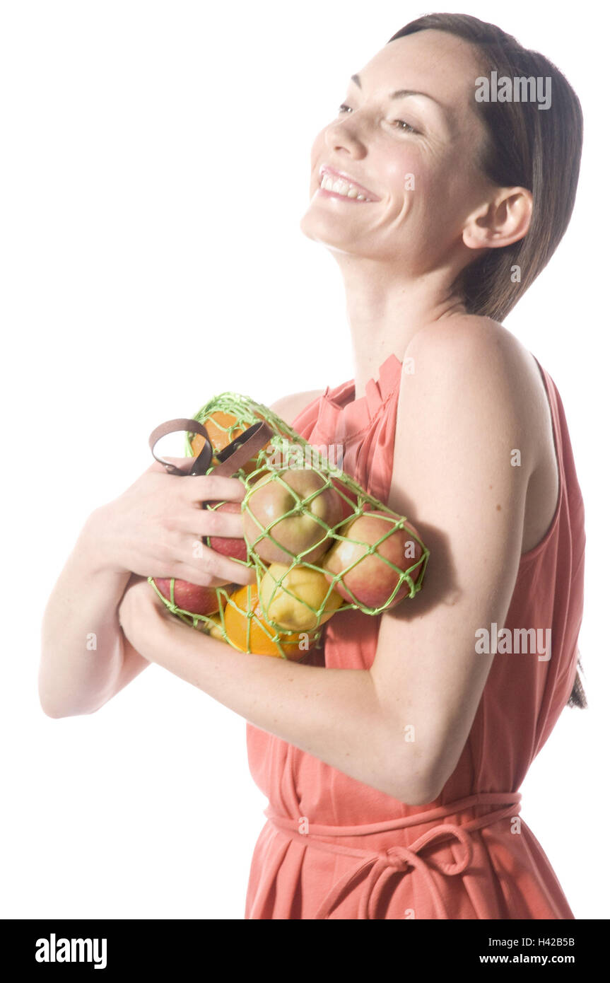 Sac Femme, string, fruits, sourire, portrait, Banque D'Images