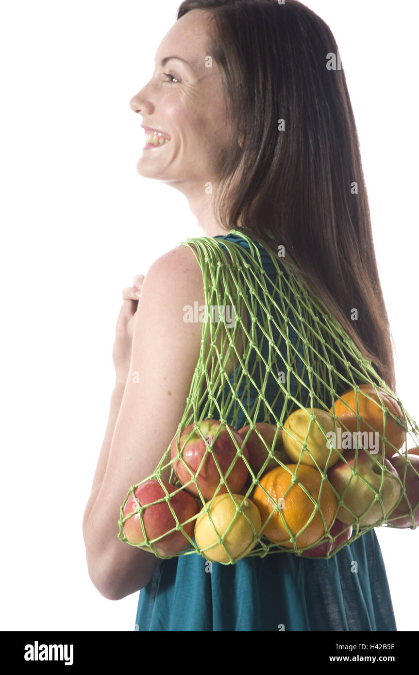 Sac Femme, string, fruits, sourire, portrait, Banque D'Images