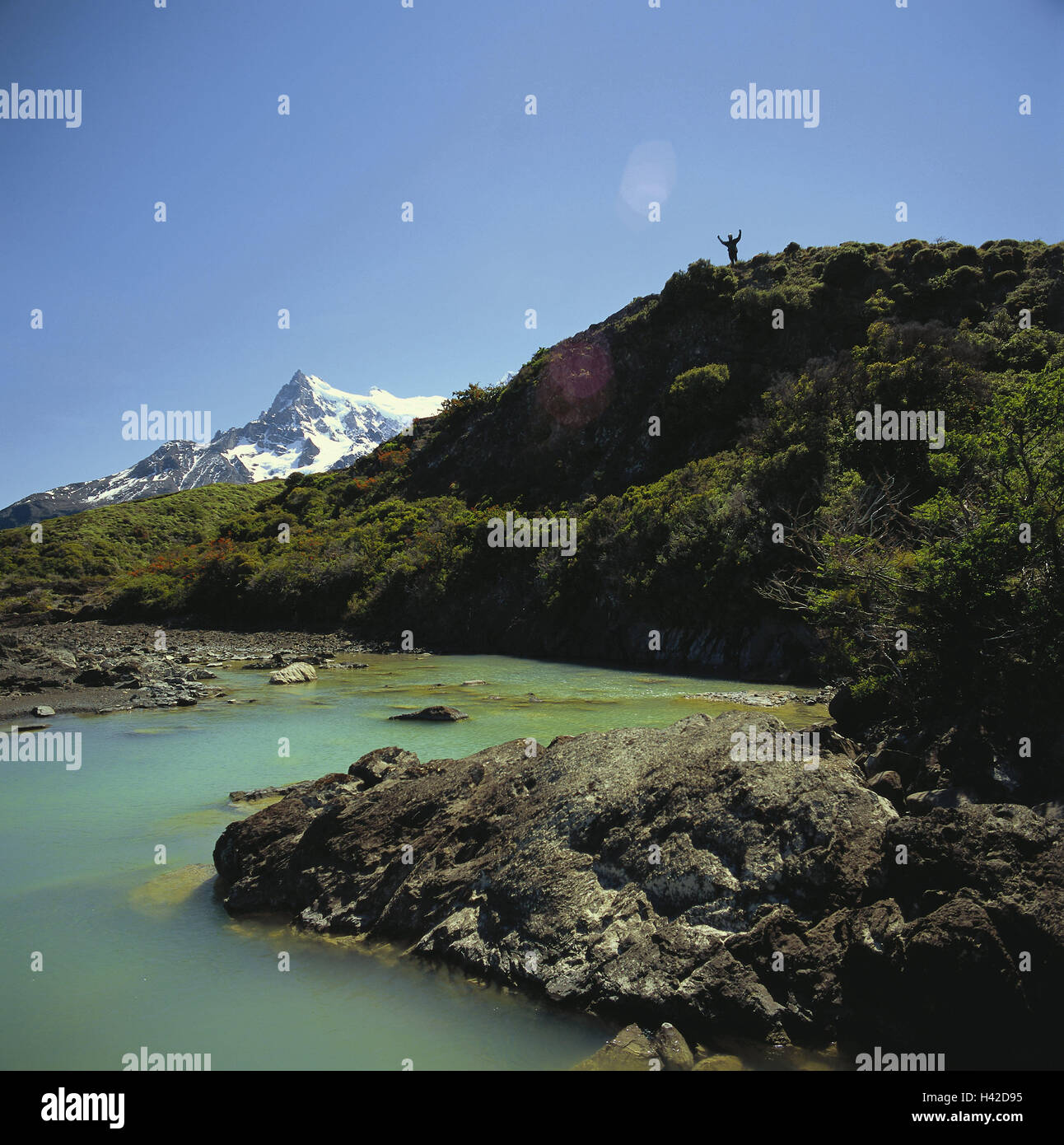 Le Chili, la Patagonie, Parque Nacional Torres del Paine, rivière, colline, personne, vague, l'Amérique du Sud, destination, parc national, réserve naturelle, nature, paysage, eau, la végétation, les montagnes, les gens, les touristes, tourisme, Banque D'Images