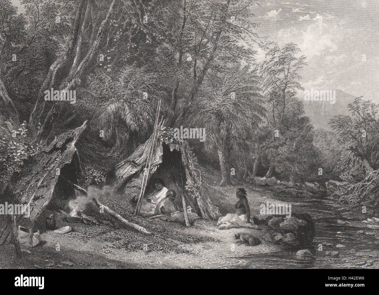 Les 'Native Encampment ', par C.E. Stand/J.S. PROUT. L'Australie c1874 Banque D'Images
