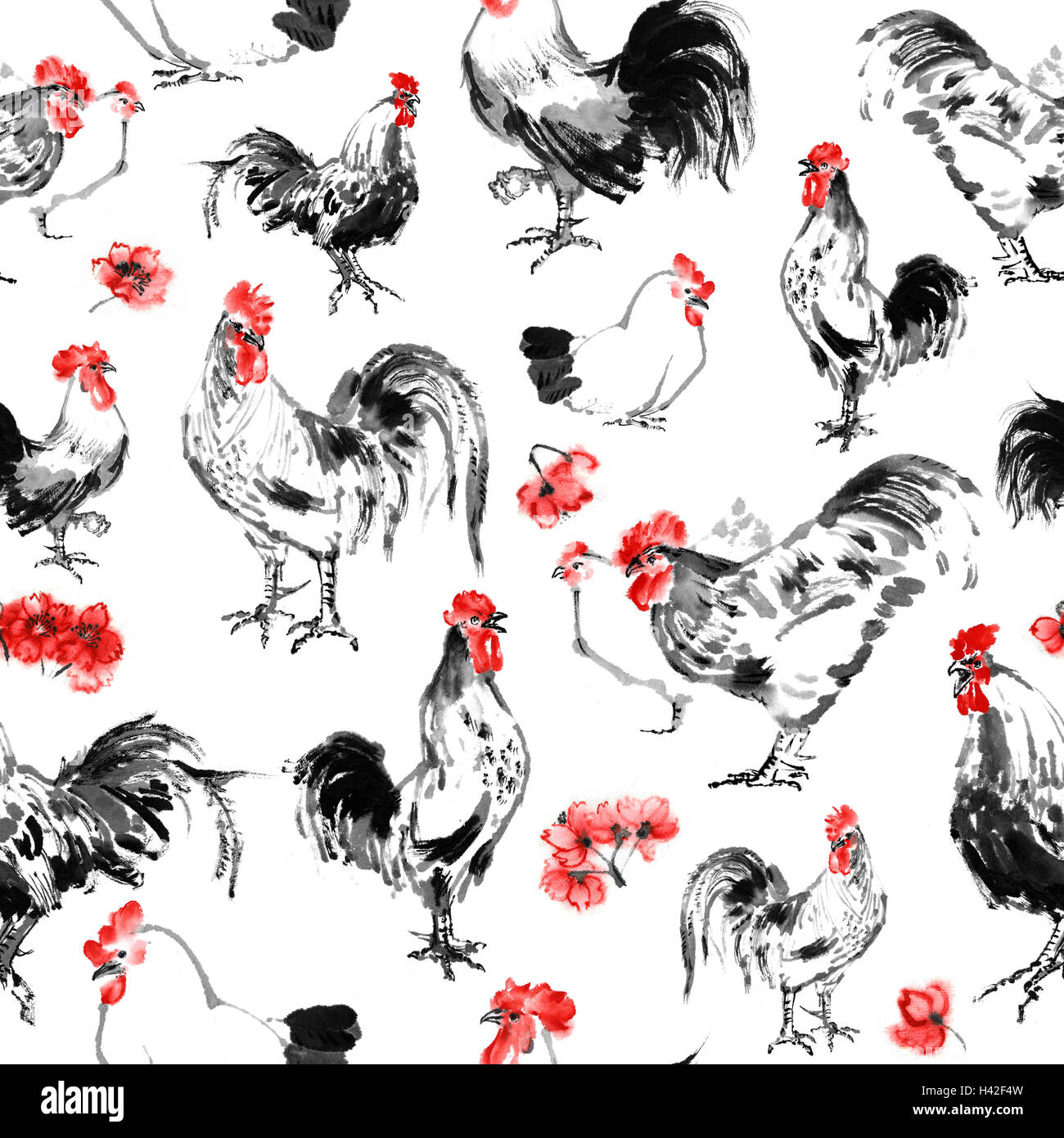 Modèle sans couture avec coqs et poules, peinture, encre d'orient isolé sur fond blanc. Année du coq en chinois horosco Banque D'Images