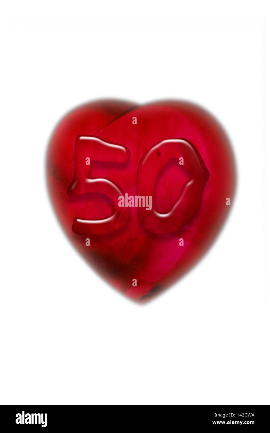 Coeur en plastique, numéro 50, coeur, Darling, en forme de coeur, rouge, 50, anniversaire, chiffres de chance, cœur, anniversaire, anniversaire de mariage, jubilé, coeur tag, ans, nombre annuel, l'amour, cher Icône, Icône, cut out, studio Banque D'Images