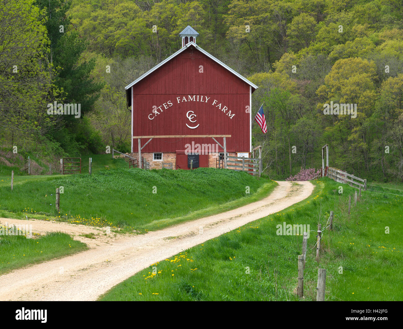 L'Iowa County, Wisconsin : Curving gravier mène à la grange Cates (1893), début du printemps Banque D'Images