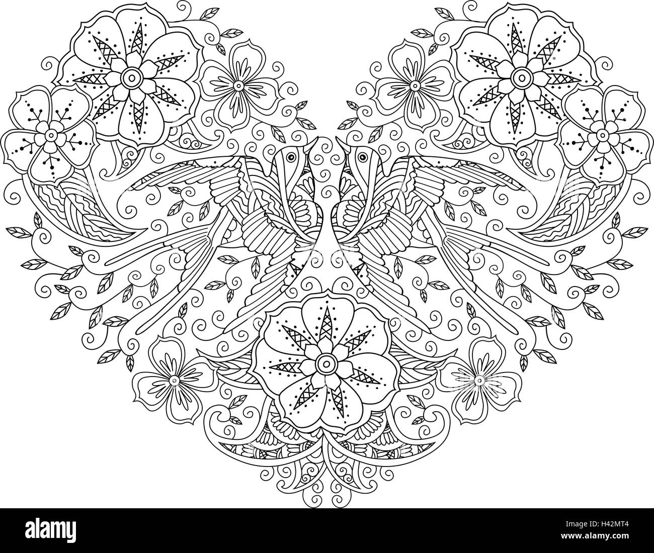 Coloriage avec paire de beaux oiseaux volants en forme de coeur Illustration de Vecteur