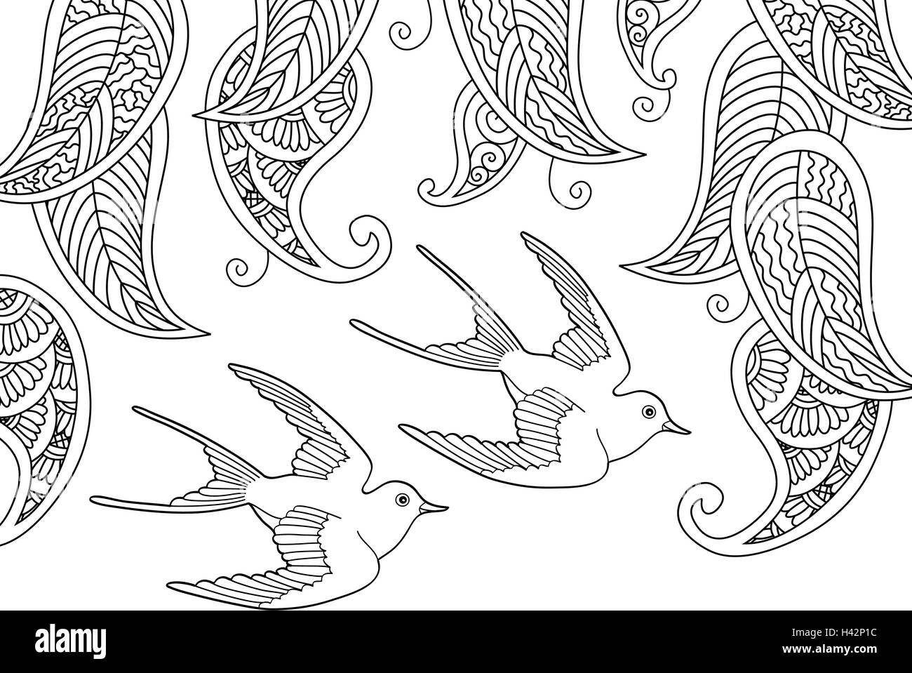 Coloriage avec deux oiseaux et feuilles de saule Illustration de Vecteur