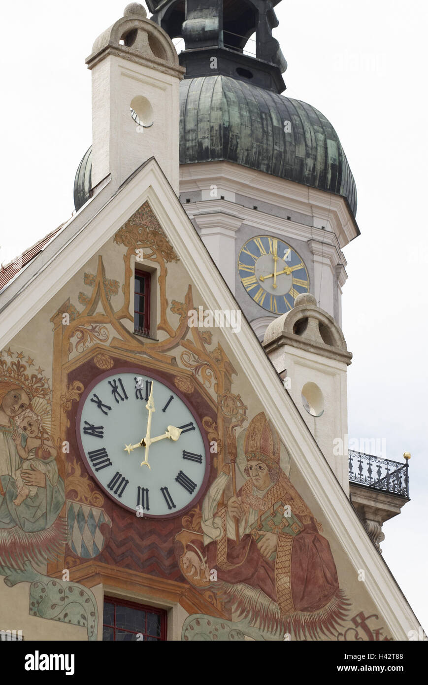 Peter's Church, tour, grille, gable, fenêtre, Lüftlmalerei, réveil, ligne téléphonique, pointeur, Allemagne, Berlin, Munich, Banque D'Images