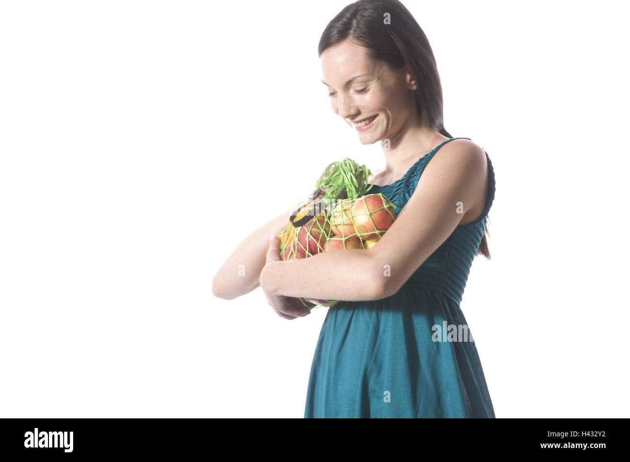 Sac Femme, string, fruits, sourire, portrait, Banque D'Images