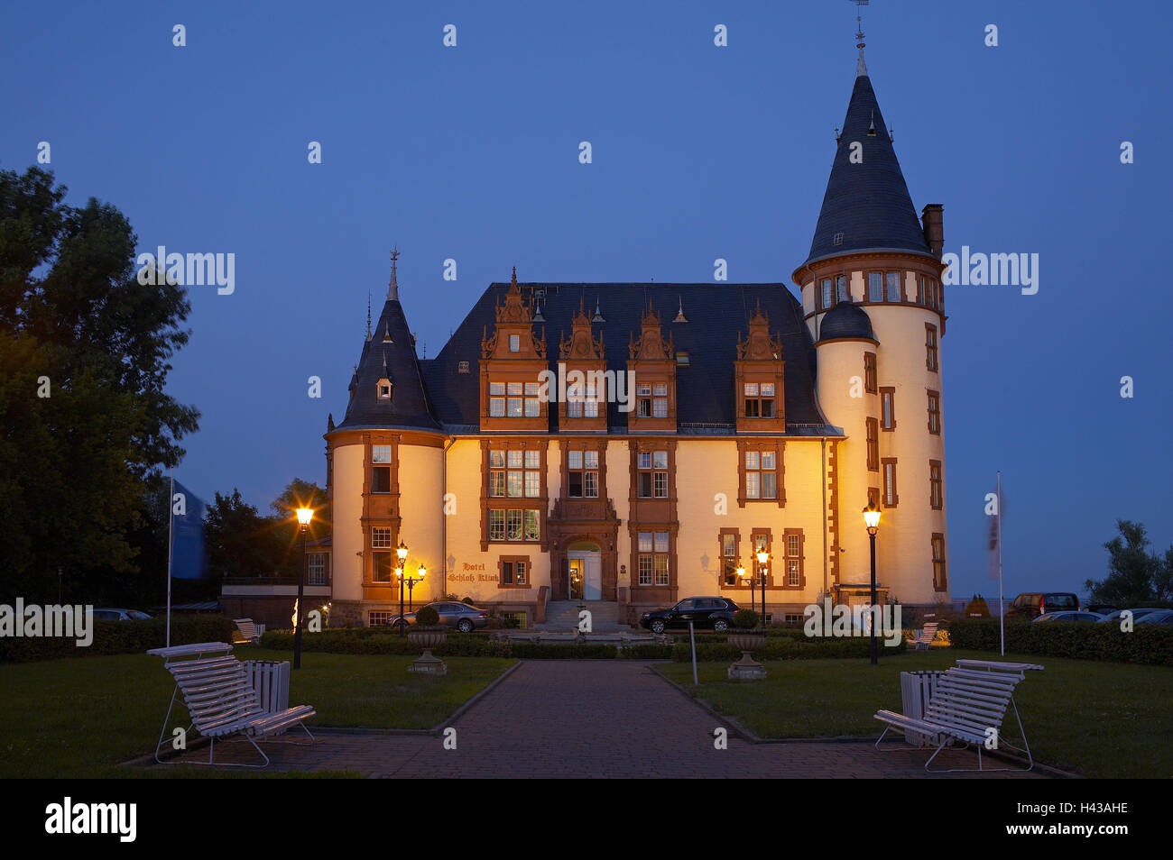 L'Allemagne, les lacs de Mecklembourg plaine pleine, l'arrêt, castle hotel, le soir, Banque D'Images