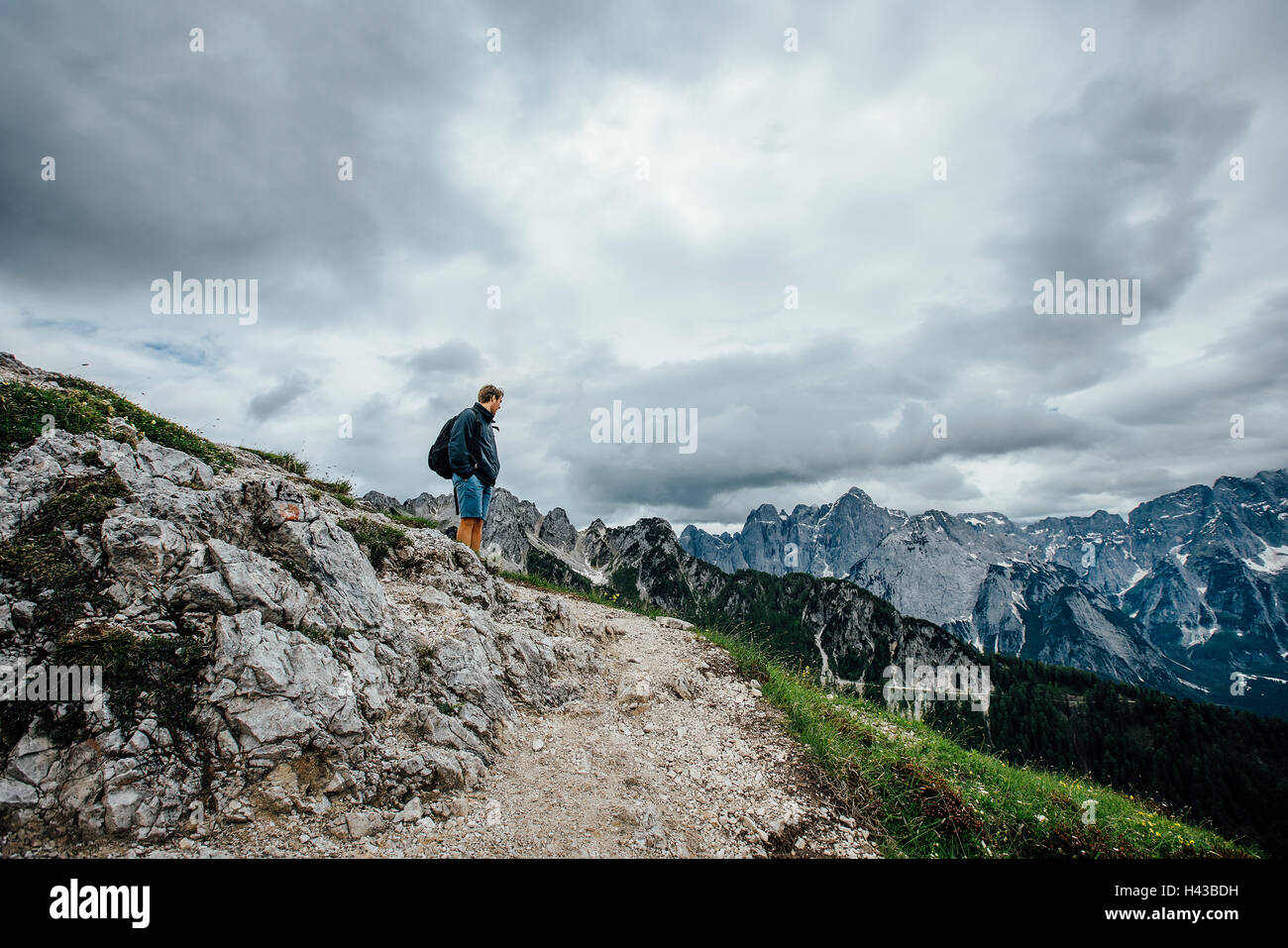 Caucasian man admiring mountain range, Milan, Vienne, Autriche Banque D'Images