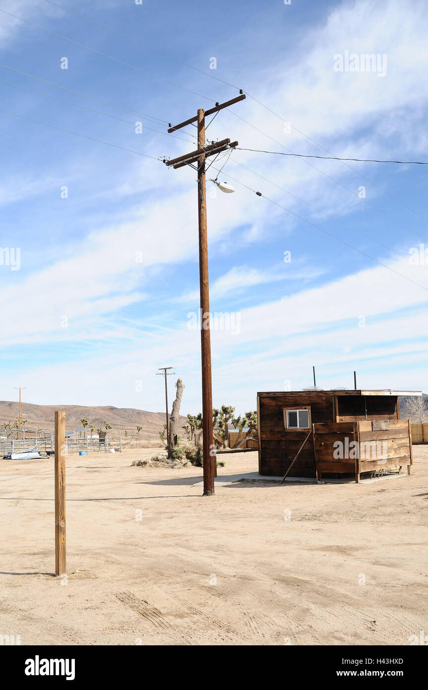 Les USA, Californien, cabane en bois, poteaux électriques, paysage, maison de bois, baraque, maison, cabane, solitude, sécheresse, désert, sable, ciel, fenêtre, mât, ligne d'alimentation électrique, à l'extérieur, déserte, Banque D'Images