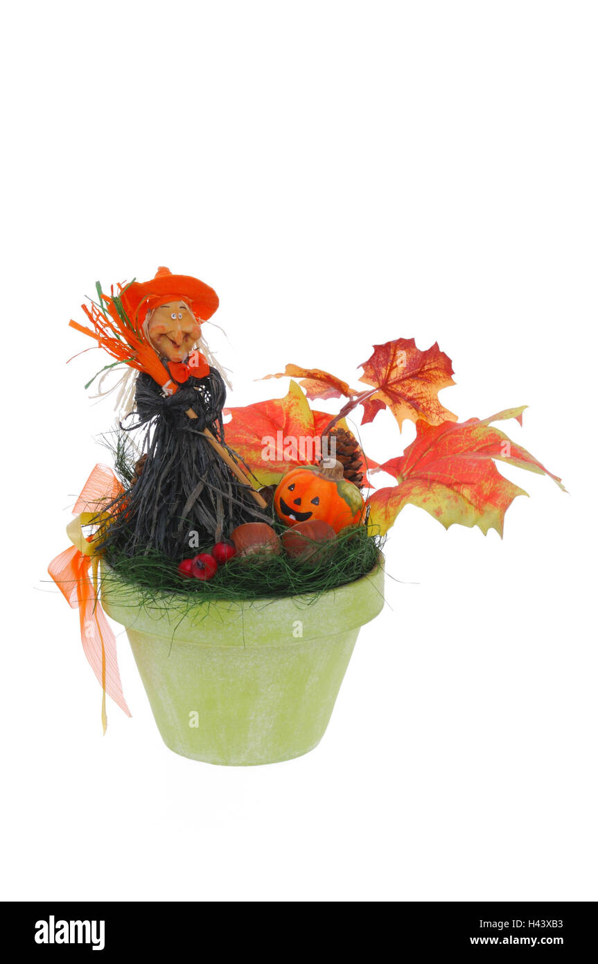 Décoration Halloween, cache-pot, sorcière, feuillage de l'automne, citrouille, Banque D'Images