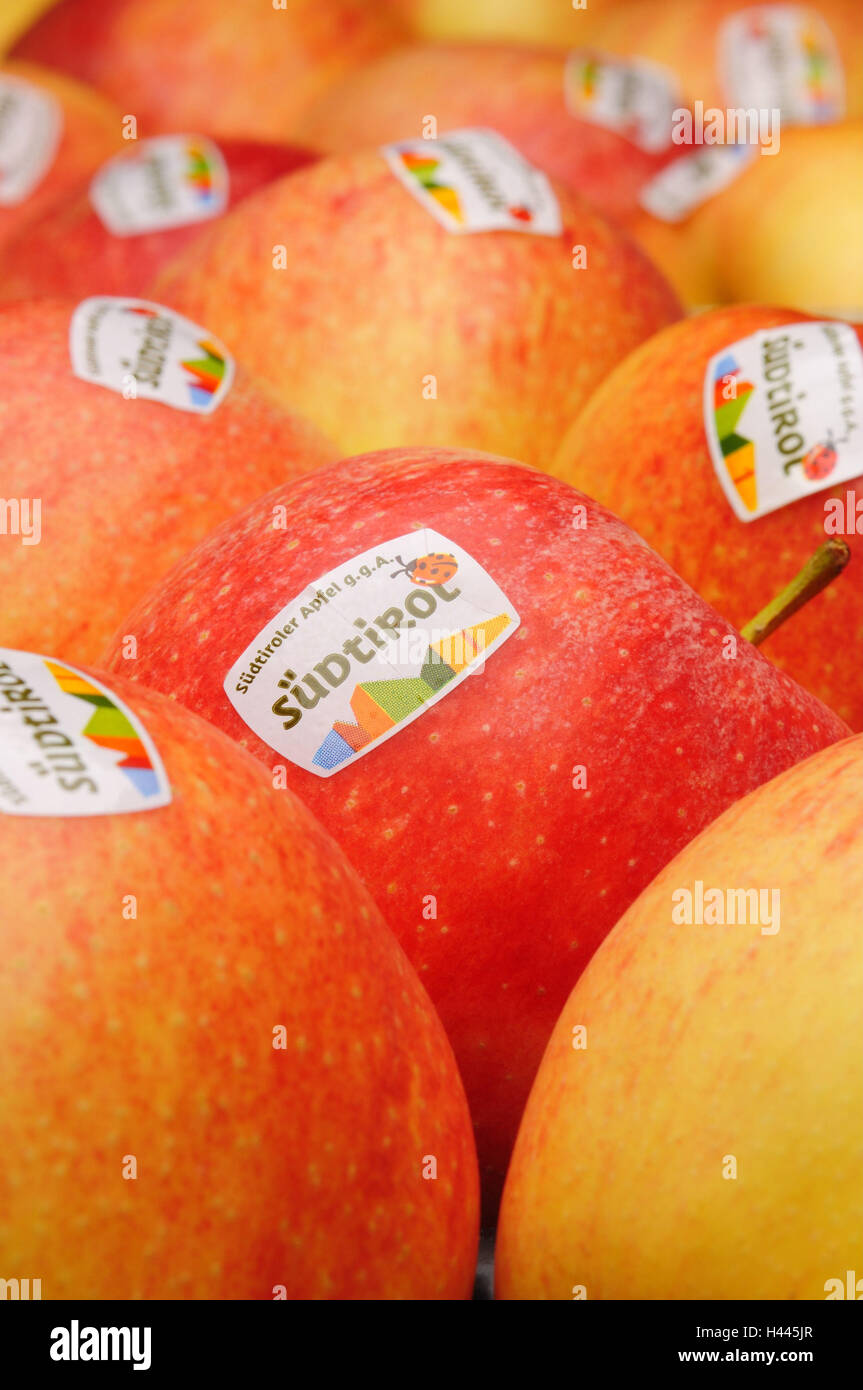 Les pommes, 'Jonah's gold', l'étiquette adhésive, le Tyrol du Sud, Banque D'Images