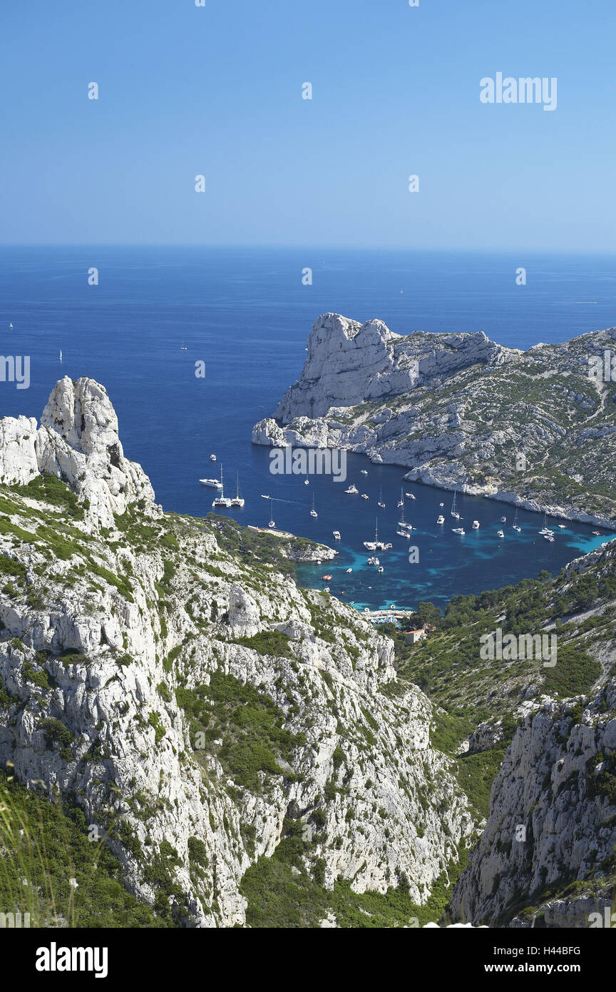 France, Marseille, calanque de Sormiou, paysage de montagne, vue, mer, bay, bottes, anchor, Banque D'Images