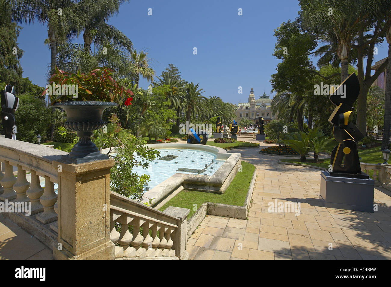 Monaco, Monte Carlo, palm garden, fontaine, casino, Banque D'Images