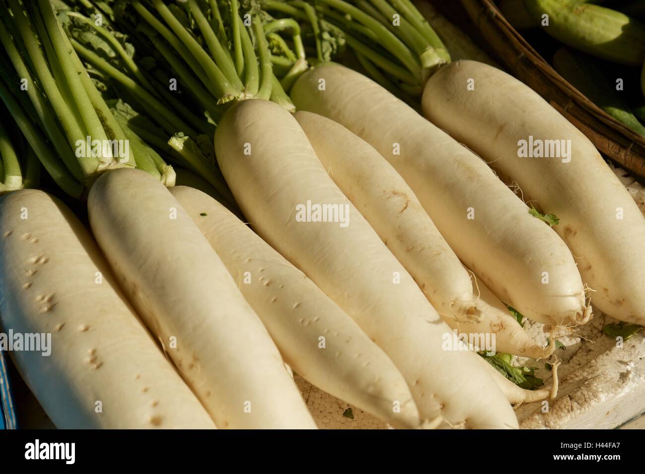 Radis daikon sur panier de battage. Banque D'Images
