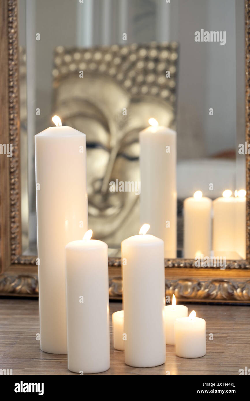 Bougies, marbre, miroir, Bouddha, portrait Banque D'Images