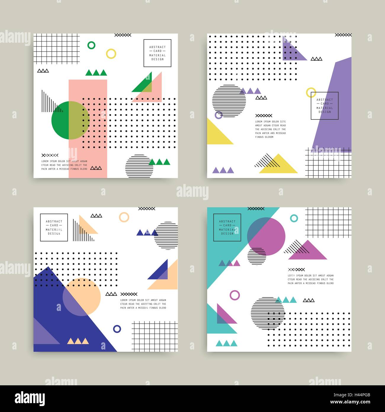Jeu de carte géométrique abstraite, rayures, formes et éléments en pointillés, drôle et vif modèle pour l'arrière-plan ou de la carte Illustration de Vecteur