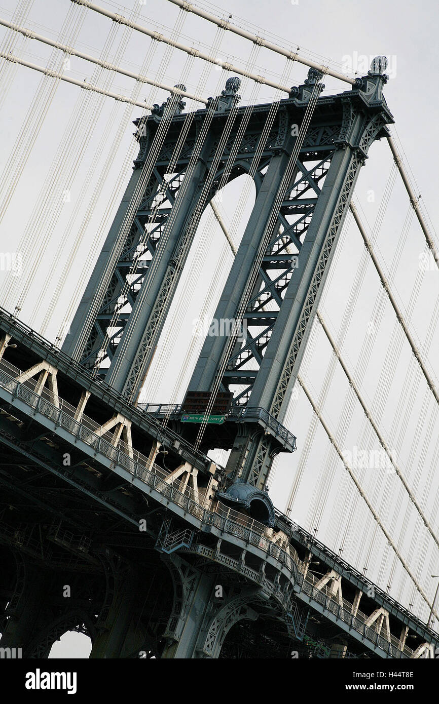 Les USA, New York City, Manhattan Bridge, trussed girder, Amérique du Nord, de la ville, Manhattan, pont suspendu, câbles en acier, l'architecture, Banque D'Images