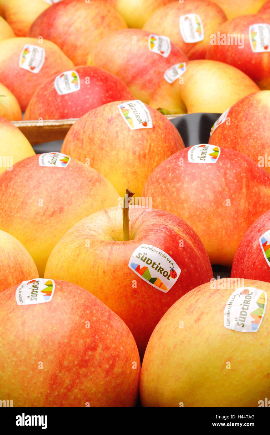 Les pommes, 'Jonah's gold', l'étiquette adhésive, le Tyrol du Sud, Banque D'Images