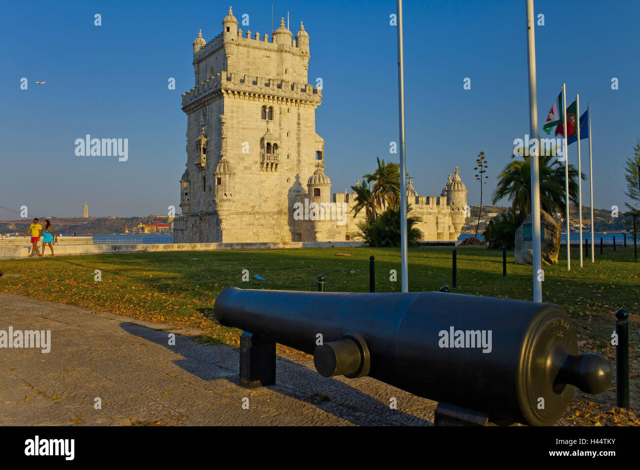 Portugal, Lisbonne, la tour Belem, le coucher du soleil, cannon, Banque D'Images