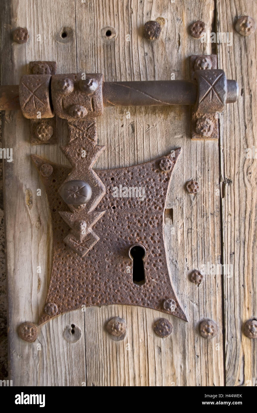 La porte en bois, vieux, détail, serrure, porte, porte en bois, le montage, l'ouverture de porte, serrure, à, boulons, Rusty, exclu, météo-battu, l'accès, d'entrée, l'admission, verrou, en bois, en métal, Banque D'Images