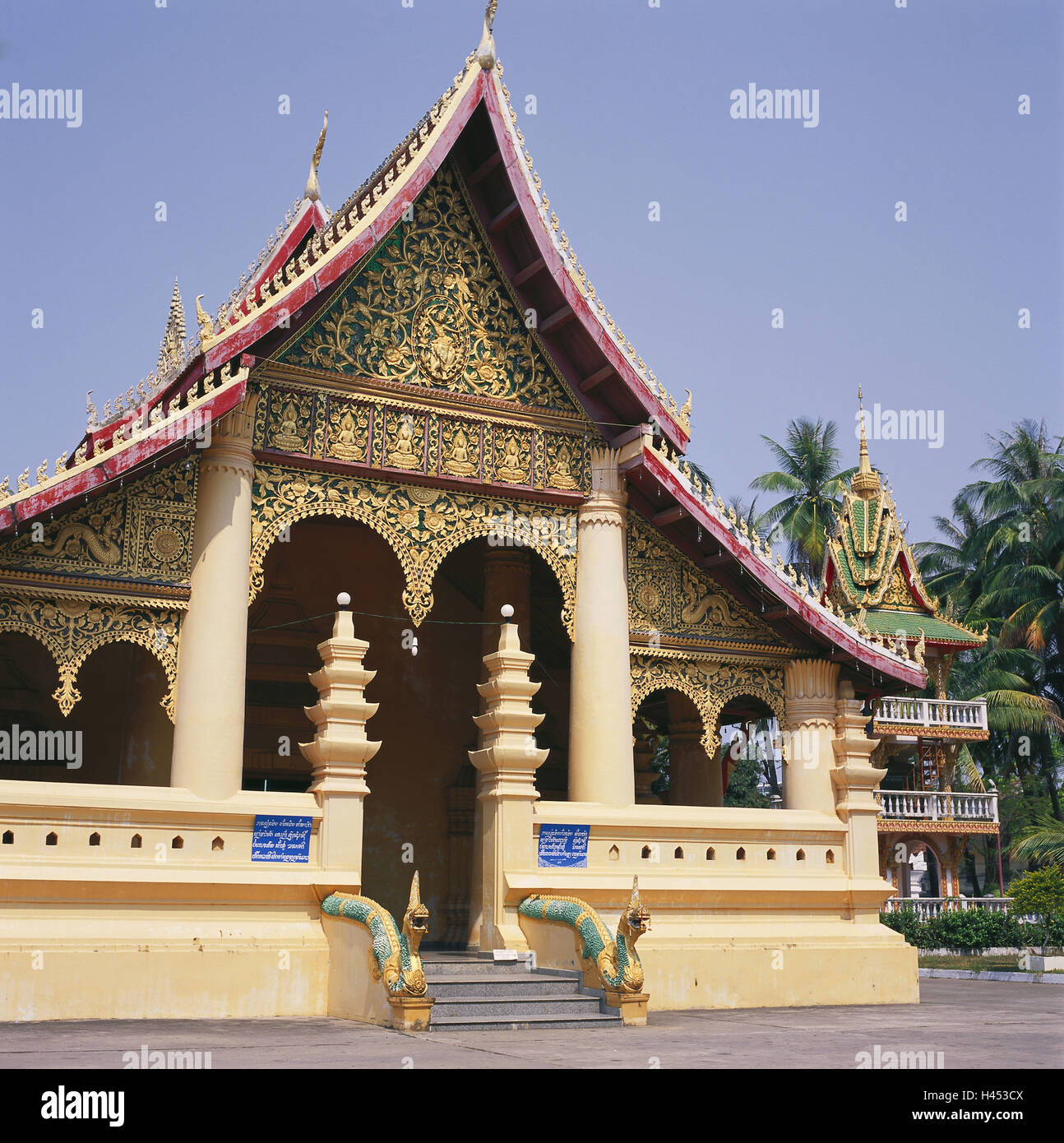 Le Laos, Vientiane, temple Wat Ong États-unis, Asie, Asie du Sud-Est, la ville, capitale, la destination, le lieu d'intérêts, de la culture, de l'usine de temple, traditionnellement, typiquement, dore, l'architecture, de la construction, de l'extérieur, déserte, le bouddhisme, la foi, la religion, Banque D'Images