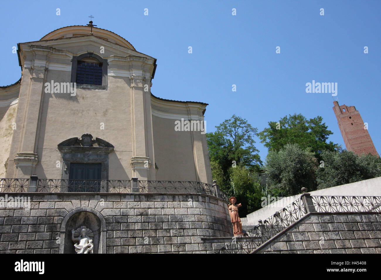 Italie, Toscane, San Miniato, Torre de Frederico, église Santissimo Crocifisso, ville, la destination, le lieu d'intérêts, d'un bâtiment, architecture, château, Rocca, tour, Friedrich's tower, tour de briques, l'église, construction, sacrée la foi, la religion, le christianisme, culte, Banque D'Images