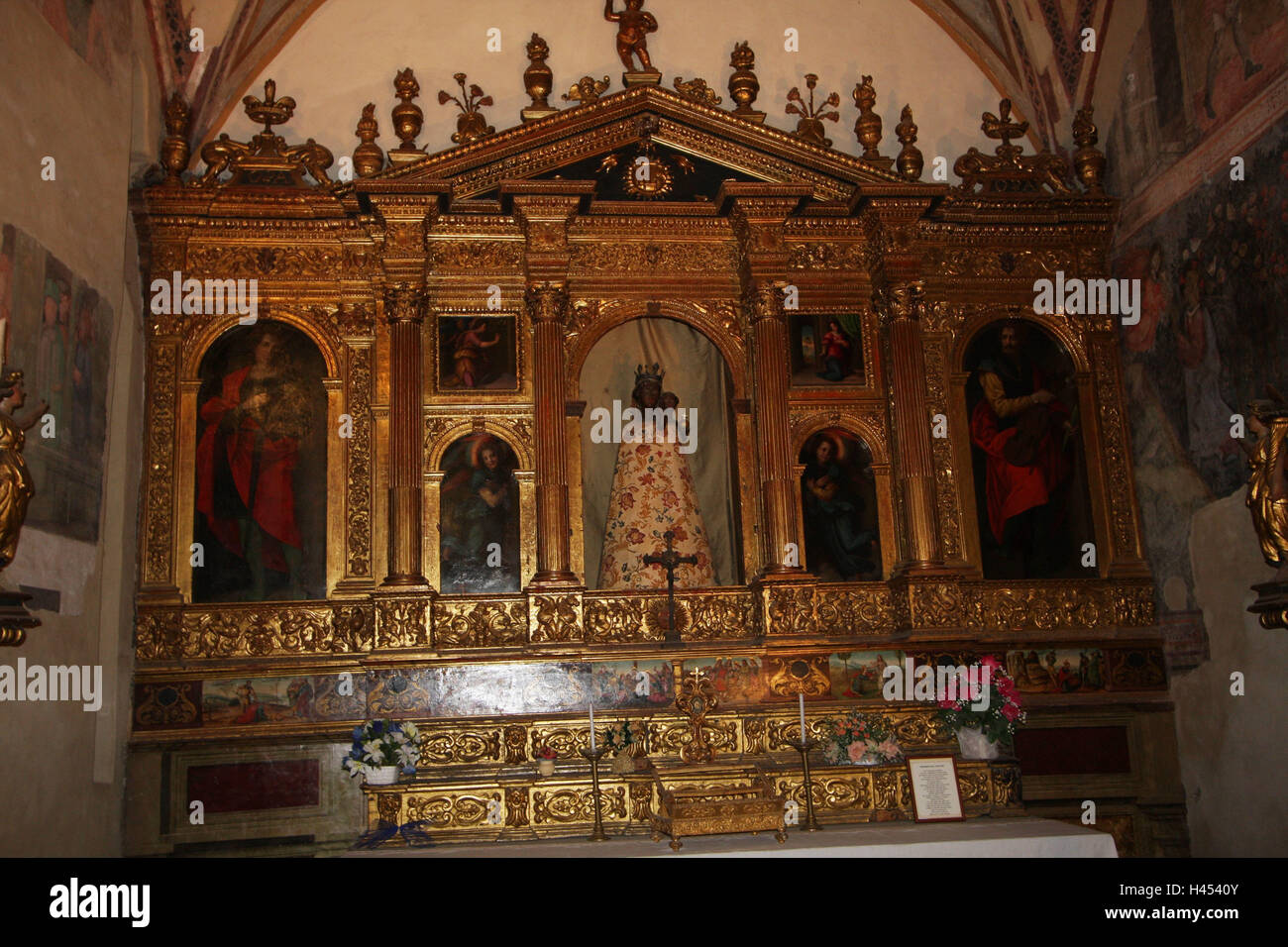 Italie, Toscane, San Miniato, Loretino oratorio, détail, autel, ville, la destination, le lieu d'intérêts, de l'art, culture, peinture, oratorio, art sacré, salle de prière, la foi, la religion, le christianisme, à l'intérieur, autel en bois, Lorentius, dore, Banque D'Images