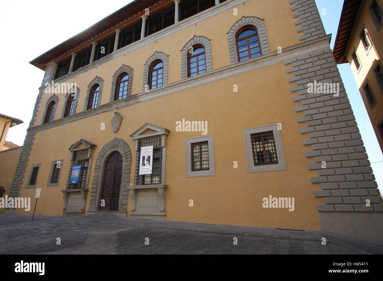 Italie, Toscane, San Miniato, Palazzo Grifoni, détail, ville, la destination, le lieu d'intérêts, d'un bâtiment, architecture, façade, jaune, Renaissance, palais, style architectural, Banque mondiale, Banque mondiale, à l'extérieur, déserte, Banque D'Images