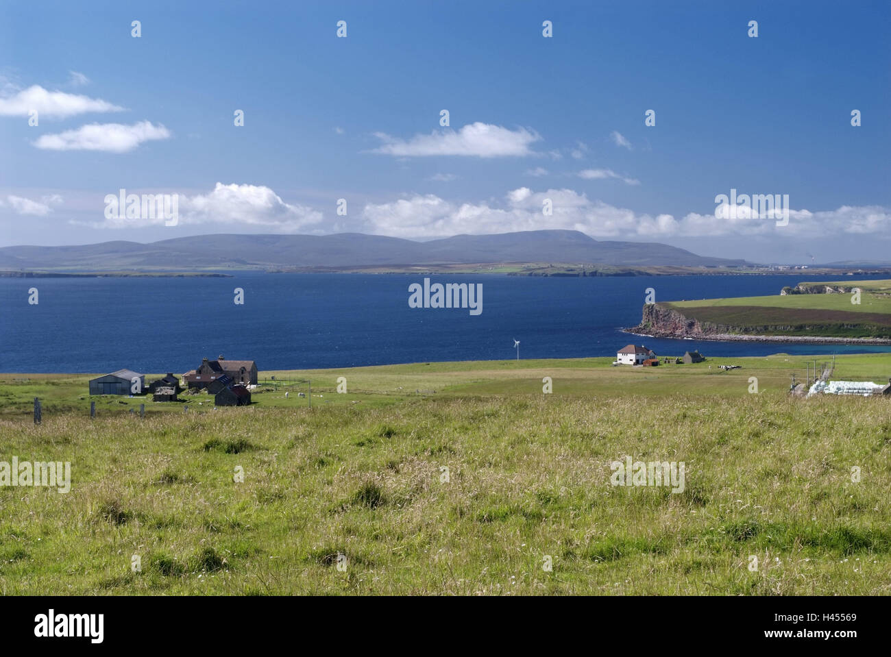 Grande Bretagne, Ecosse, Orkneyinseln, Island South Ronaldsay, paysage, littoral, maisons, Orkney, paysages côtiers, de prairies, de largeur, de distance, vue, mer, ciel, nuages, soleil, maisons résidentielles, à distance, les isolats, déserte, Banque D'Images