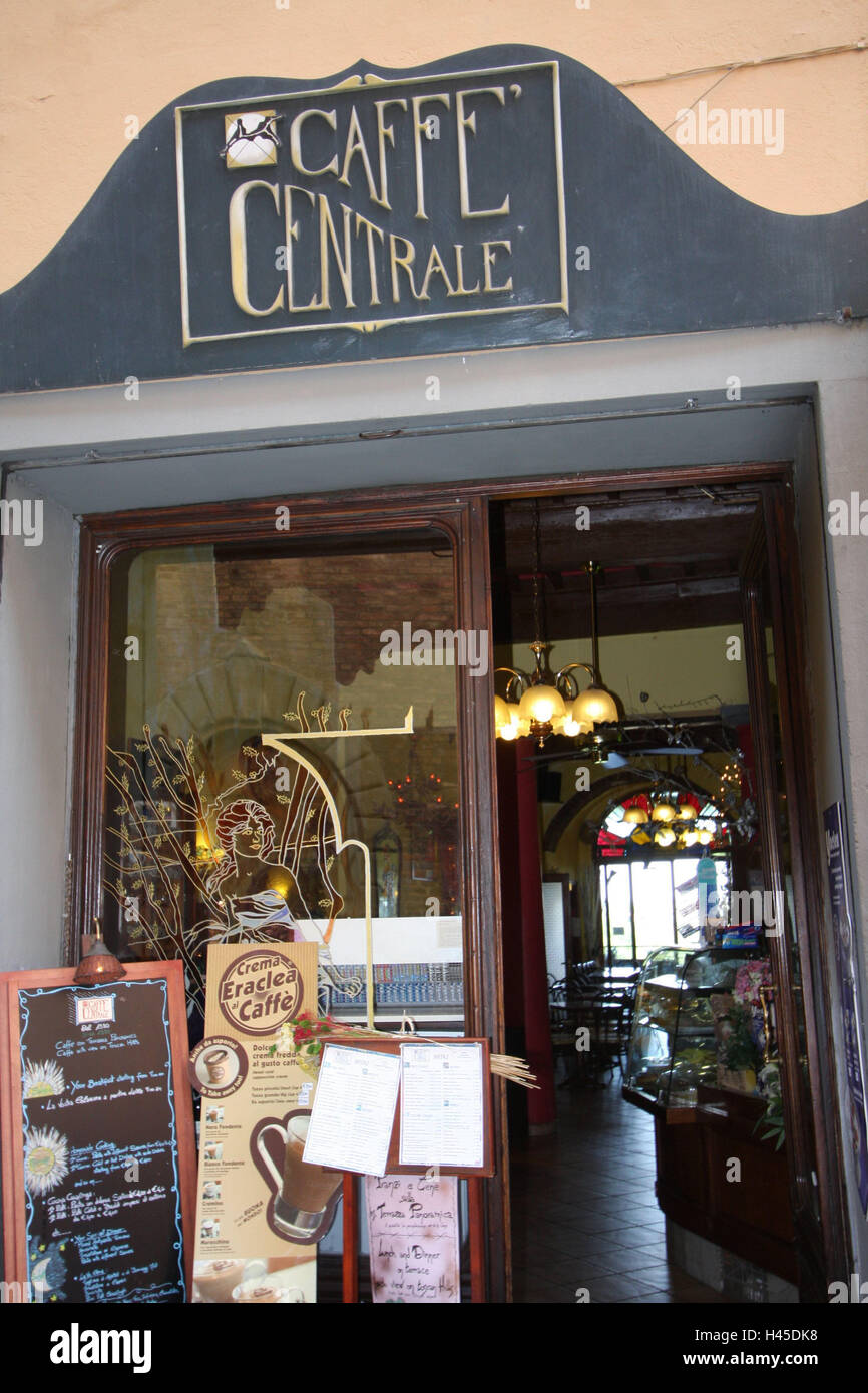 Italie, Toscane, San Miniato, Caffe, centrale, d'entrée, pas de détail des biens, de la ville, destination, bar, gastronomie, porte, porte avant, panneaux d'information, des conseils, des spécialités, café, Banque D'Images