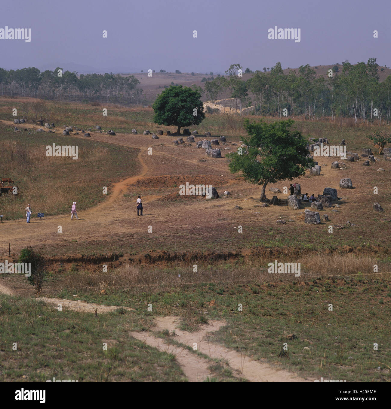 Laos, Xieng Khouang, au niveau supérieur, les pichets, paysage, vue, touristiques, de l'Asie, Asie du Sud-Est, la destination, le lieu d'intérêt, vue, culture, historiquement, de meubles anciens, de bateaux, de pierre, de l'extérieur, visiteur, tourisme, personne, Banque D'Images