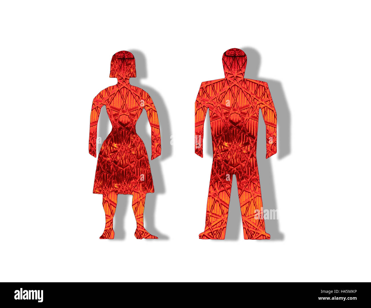 Feu de circulation petit homme, deux, rouge, icône, homme, femme, cut out, piéton, se marie, attendre, l'ombre, d'arrière-plan blanc, radieuse, saillants, conception, couple marié, couple, amitié, de collègue, de partenariat, de séparation, la situation de crise, crise, estrangeme Banque D'Images