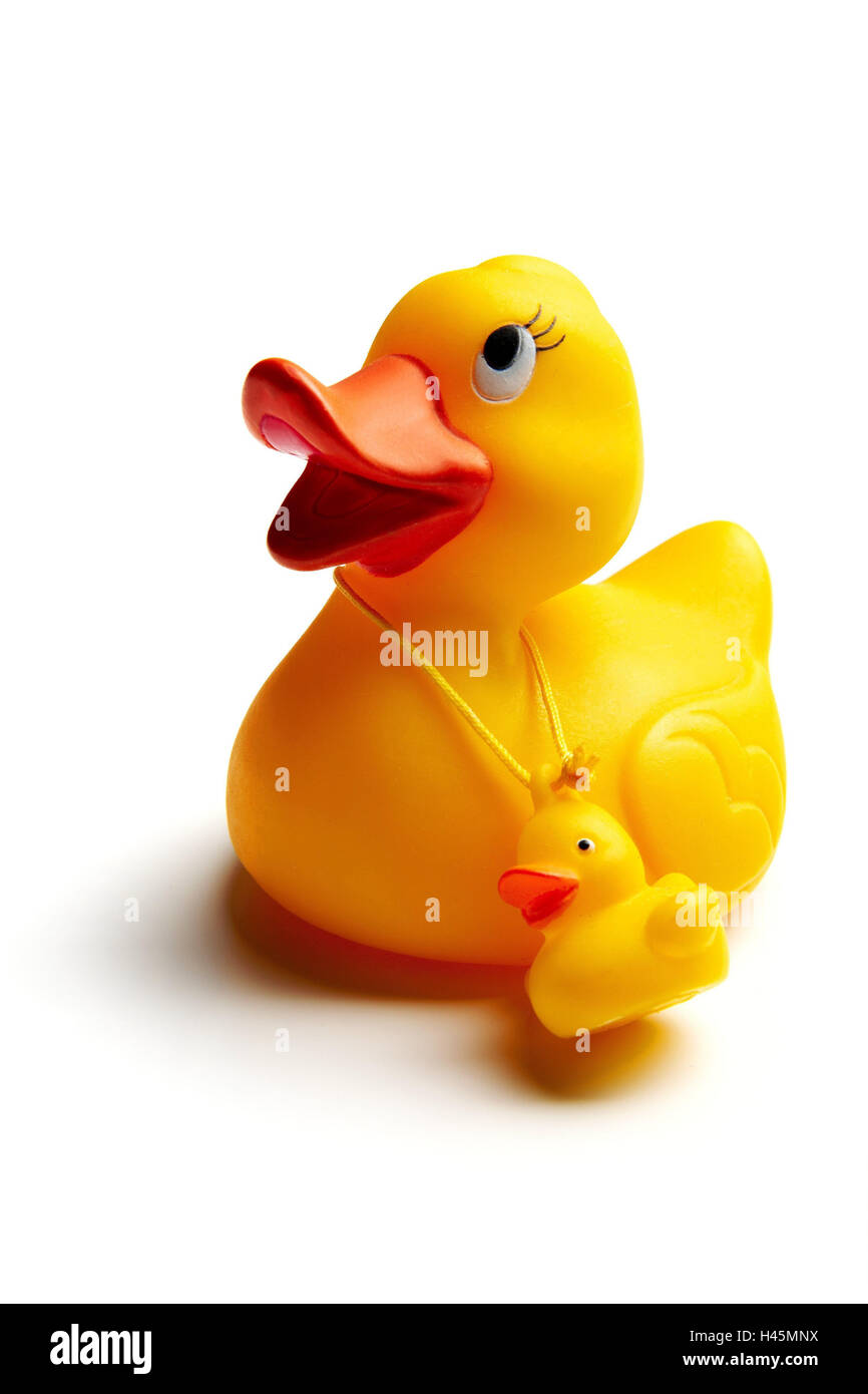 Canards de bain, la mère de canard, canard, canards, canards, élastique, chaîne pendre, l'envol, canetons, canetons, jaune, doucement, heureusement, jouets, jouets, jouer de mauvaises choses de l'eau, studio, Banque D'Images