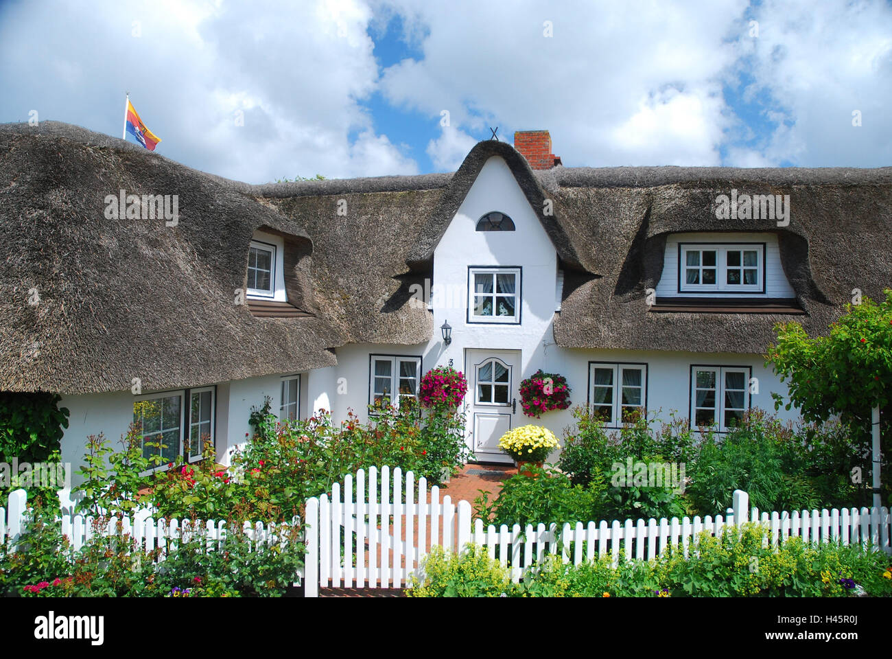 Allemagne, Schleswig-Holstein, île Amrum, Nebel, maison au toit de chaume, jardin, été, Banque D'Images
