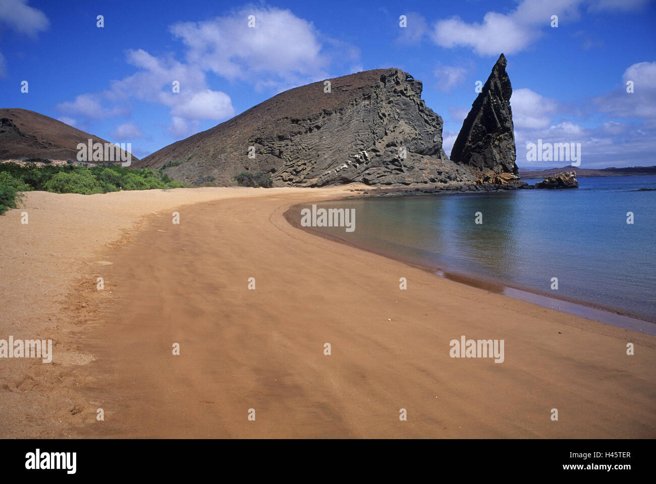 Les îles Galapagos, l'île Bartolome, Bartholomew, Pinnacle rock, plage, Banque D'Images