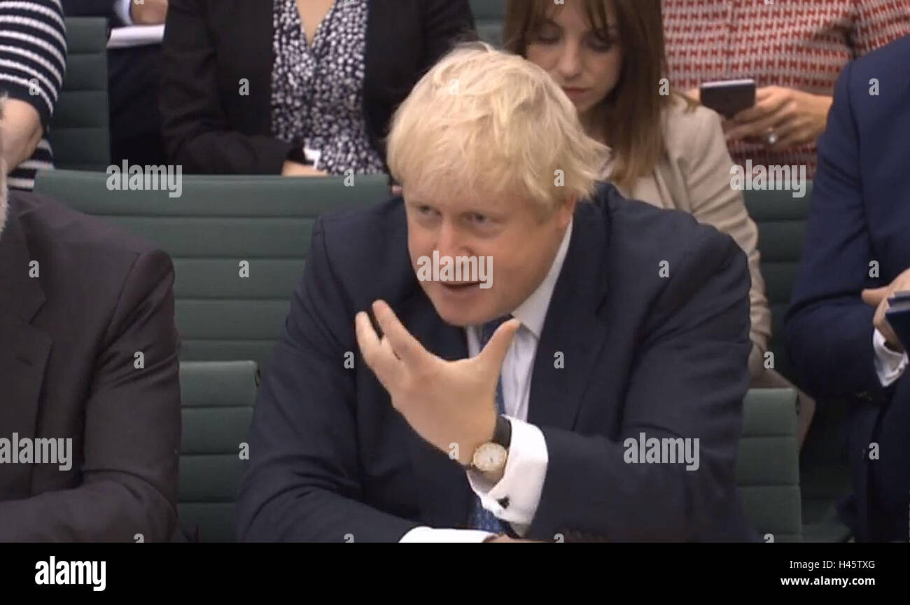 Secrétaire des affaires étrangères Boris Johnson témoigne à la commission des affaires étrangères de Portcullis House, Londres. Banque D'Images